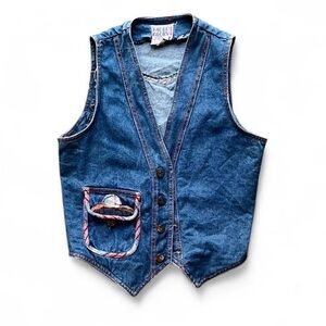1970’s Faded Glory Embroidered Cloud Pocket Denim Vest Women’s small